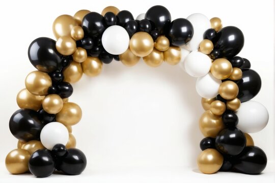 Stylish black and gold balloon arch isolated on white, with glossy and shiny finish, forming an elegant design.