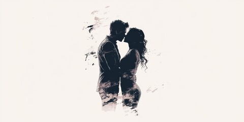 A stylized ink illustration of a couple in a close embrace, showcasing love and unity with artistic splatter effects. 
