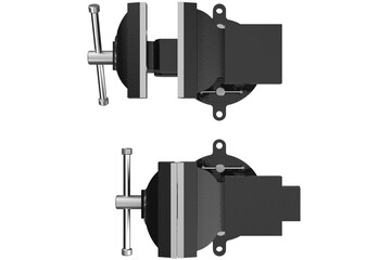 Realistic 3D Render: Two Heavy Duty Black Vises Isolated on Transparent PNG - Essential Workshop and Industrial Workholding Tools, Photorealistic Detail for Engineering and Manufacturing