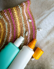 Sunscreen spray spf cream and after sun lotion . Sun Protection 