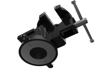 Realistic 3D render of two black heavy-duty vises, essential workholding tools, isolated for easy use. Provided on a PNG Transparent HD Background with photorealistic detail and high resolution.