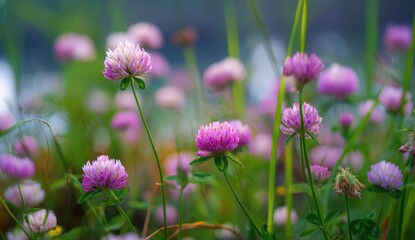 Fototapeta premium Vibrant pink clover blossoms in a lush green meadow.