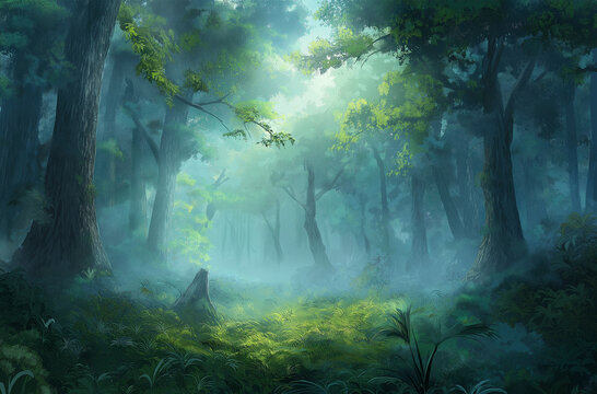 A dense forest shrouded in mist, with tall trees and lush foliage.