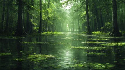 Obraz premium Lush, tranquil swamp forest waterway scene.