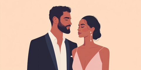 A chic couple in an elegant suit and evening dress captured in a warm, minimalist scene, symbolizing love and connection. 