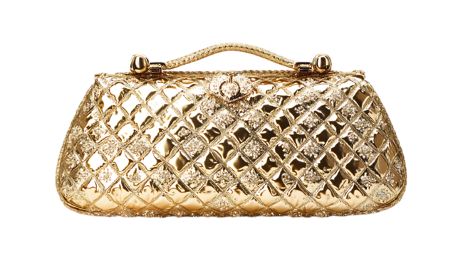 Gold quilted clutch purse, luxury fashion accessory.