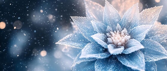 Frosty flower, winter bokeh. Holiday card