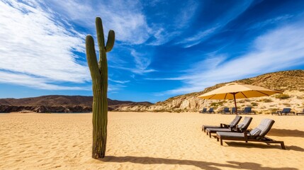 Desert beach oasis: saguaro cactus lounge chairs & parasol under a blue cloudy sky exotic vacation in a tropical getaway
