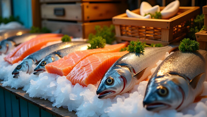 Fresh Catch, A Vibrant Display of Salmon Fillets and Whole Fish on Ice, a Seafood Market Showcase with Glistening Textures and Culinary Appeal, Inviting Healthy Eating