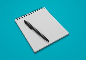 3D Illustration Notepad With Black Pen on Blue