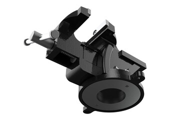 Sturdy Black Metal Bench Vise Isolated on White. Heavy Duty Workbench Tool for Securely Gripping Objects during Repairs, Crafting, and Construction in Workshops and Garages.