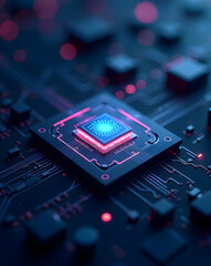Futuristic AI Chip with Glowing Core, Advanced Technology and Innovation Depicted in a Mesmerizing Close-Up, Highlighting the Future of Computing