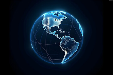 Futuristic Earth Globe Visualization, A Hi-Tech Depiction of Global Connectivity and Advanced Technology with Stylized Glowing Continents and Lines