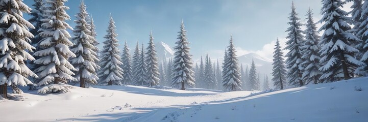 Fototapeta premium Winter wonderland scene with fir trees covered in snow, cold temperatures, calm atmosphere