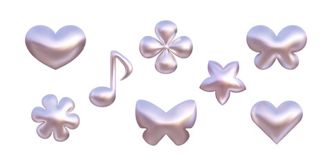 Y2k chrome shapes vector 3d set. Heart, flower, butterfly and music note design elements isolated. Shining metal effect, liquid abstract sticker collection. Trendy futuristic illustration