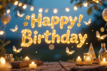 Happy Birthday Fireflies Fairy Lights Rustic Golden Bokeh HD Party