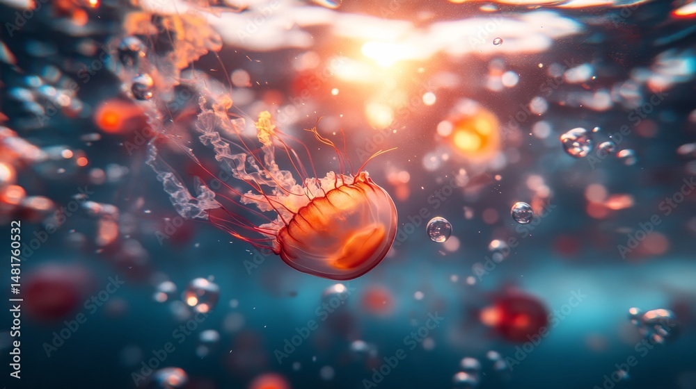 Aufkleber brightly colored fish navigate gracefully around a luminous jellyfish in a mesmerizing underwater en