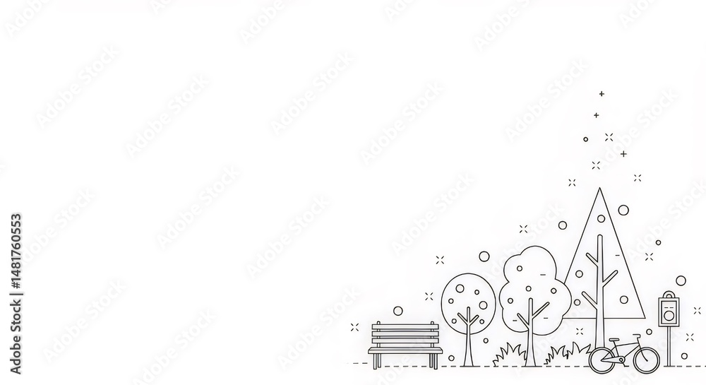 Aufkleber 白の背景にミニマルドットスタイルでベンチの木自転車と穏やかな公園のイラストデザイン