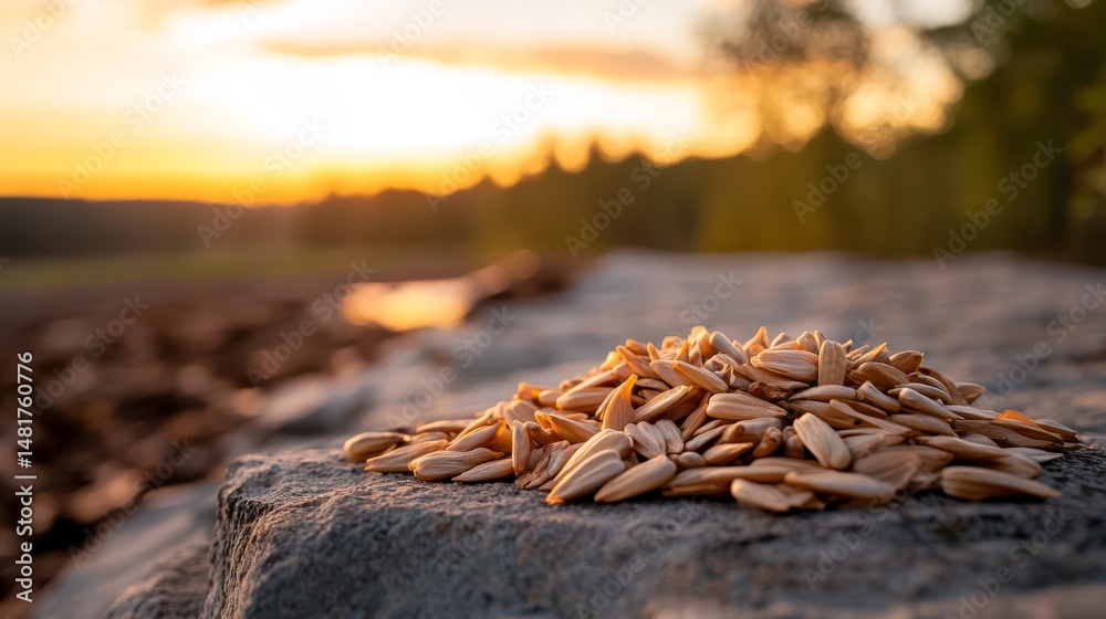 Poster a close-up view showcases a handful of sunflower seeds on a rough stone surface, highlighted by the 