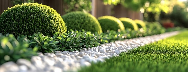 Garden landscaping, pebble path, green shrubs