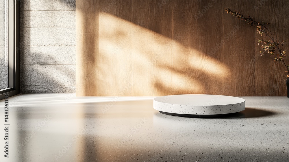 Fototapete Circular white terrazzo podium stands in a bright, minimalist environment with soft natural lighting, creating an elegant display setting for showcasing products