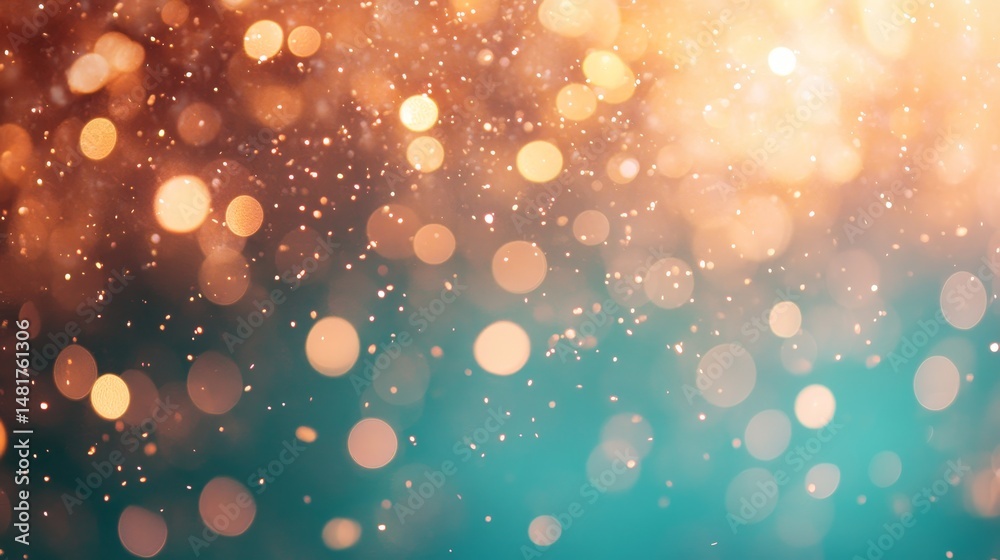 Leinwandbilder Golden glitter particles float against a rich teal background, enhanced by vibrant circular bokeh that creates a shimmering and colorful visual effect