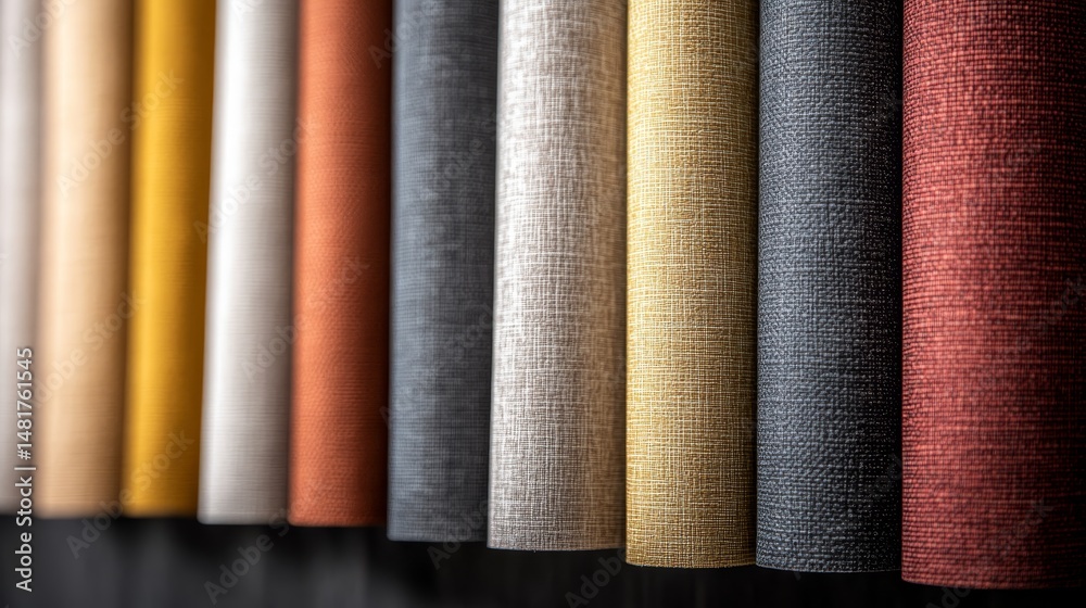 Poster detailed observation of textured wallpaper samples arranged in a row, featuring multiple earthy tone