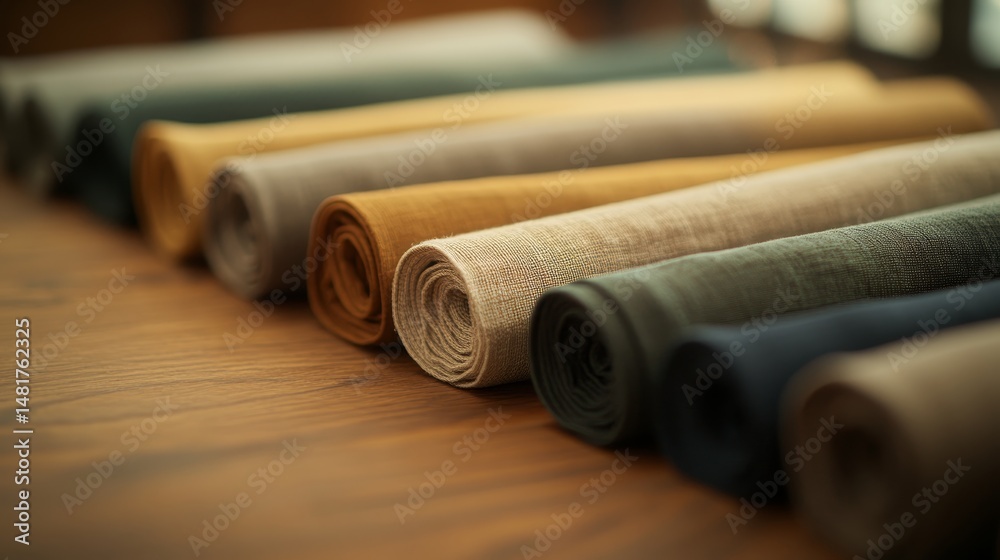 Aufkleber various types of rolled window treatments with distinct fabrics neatly arranged on a wooden surface,