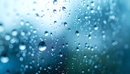 Droplets of water cling to a glass surface, creating a serene, blurred background effect with a cool blue tone