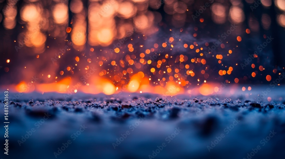 Aufkleber glowing embers fall softly onto fresh snow, creating steam where warmth meets cold, while a dark for