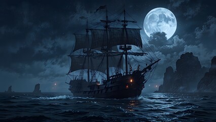 A ghost ship sailing on a foggy, moonlit ocean