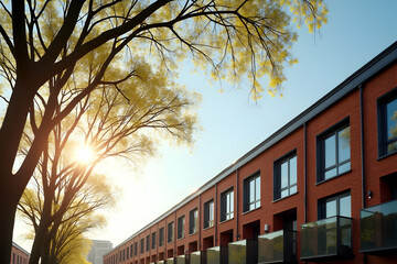 Golden sunlight streams through the autumnal leaves of a tree beside a row of red brick townhouses, creating a tranquil and inviting urban scene