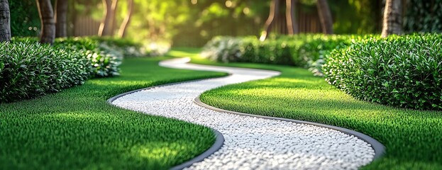 Winding garden path, green lawn, park