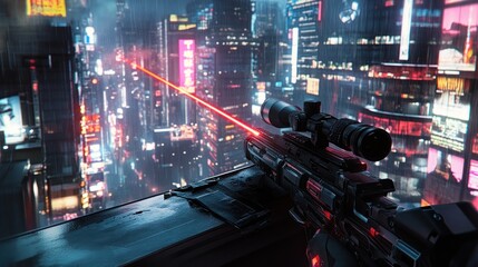 Futuristic sniper overlooking neon cityscape at night