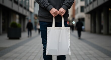 Naklejka premium Photo of Person Holding White Tote Bag Mockup in City