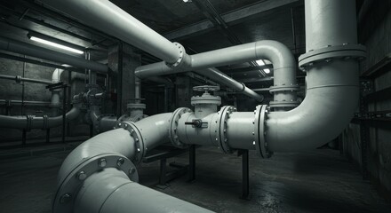 3D Industrial Pipes Network in Dark Grunge Room
