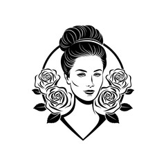 Elegant Woman Portrait with Roses – Black and White Feminine Tattoo Style Illustration