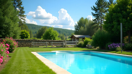 Idyllic Serenity, A Luxurious Poolside Retreat Nestled in a Lush Countryside Landscape with Rolling Hills and Clear Blue Skies Creating a Peaceful Oasis