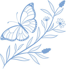 Elegant floral and butterfly illustration in soft blue outline on white background. Graceful spring-themed nature design. Ideal for stationery, packaging, wall art, and feminine branding.