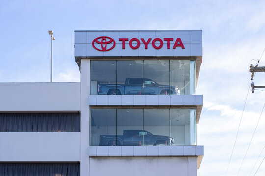 Daly City, CA, USA - Nov 29, 2024: Toyota Tundra 1794 Edition and Tacoma TRD Pro pickup trucks are seen on display at a Toyota dealership store in Daly City, California.