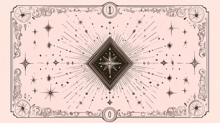 Vintage 1 & 0 tarot card background with diamond starburst: decorative border light pink 