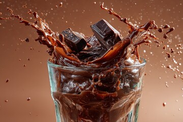 Dynamic splash of rich chocolate in a glass.
