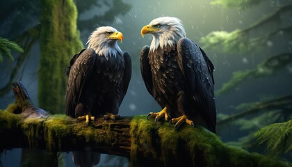 A pair of eagles stands tall on a tree trunk and large rock, with stunning landscape views