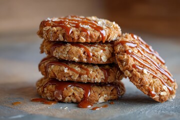 Stack of delicious caramel-drizzled oatmeal cookies.