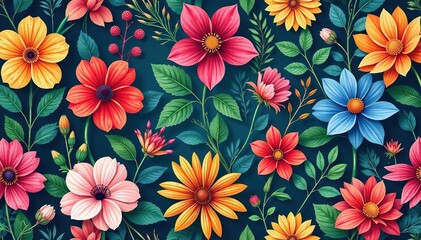 Seamless repeating floral pattern, vibrant blooms and lush foliage Perfect for textile design and wallpaper , botanical illustration, flower pattern