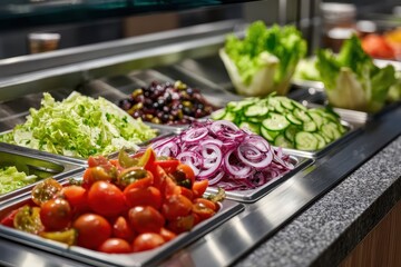 Bright salad bar with fresh vegetables and greens.