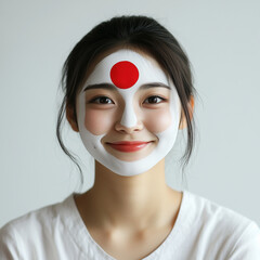 A woman has a vibrant red circle painted artfully on her face, making her look striking and unique in appearance