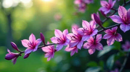 Obraz premium Delicate Pink Blossoms on a Branch, Illuminated by Soft Sunlight, a Peaceful Garden Scene