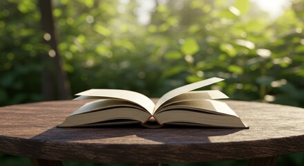 3D Open Book on Wooden Table in Lush Forest