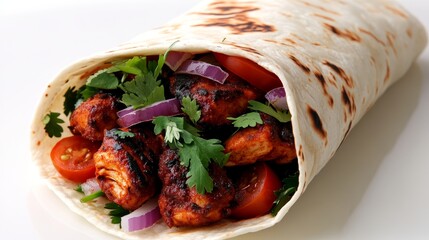 Soft flour tortilla enfolds crispy spiced chicken, crunchy red onions, and diced tomatoes, accented with fresh parsley and creamy sauce for added flavor